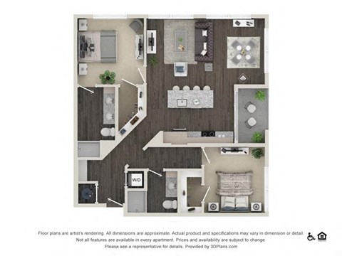 Floor plan for 2 beds, 2 baths, 1158 sqft